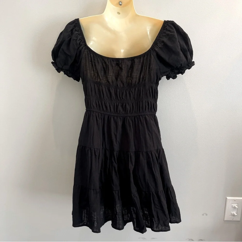 SHEIN Dress Women’s M Black Puff Sleeve Ruched Tiered Cottage core, Babydoll